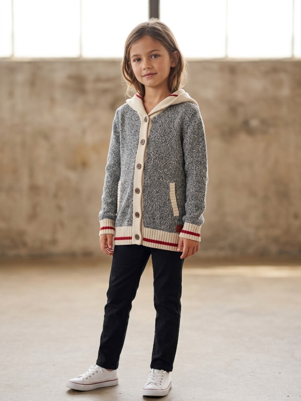 Roots Hooded Button-Front Cardigan Sweater - Gray & Cream with Red Trim